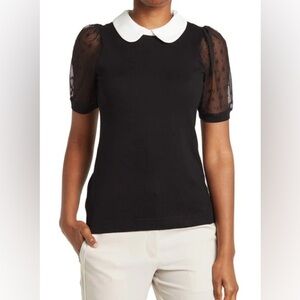 ADRIANNA PAPELL
Mesh Puff Sleeve Peter Pan Collar Sweater,  Black/White, Size M